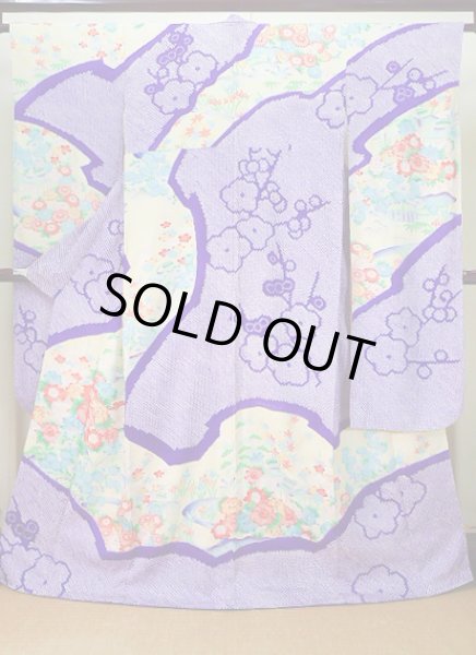 Photo1: J1223M Used Japanese Pale Light Yellow FURISODE long-sleeved / Silk. Flower, narcissus pattern  (Grade B) (1)