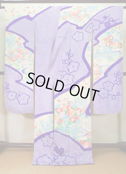 Photo3: J1223M Used Japanese Pale Light Yellow FURISODE long-sleeved / Silk. Flower, narcissus pattern  (Grade B) (3)