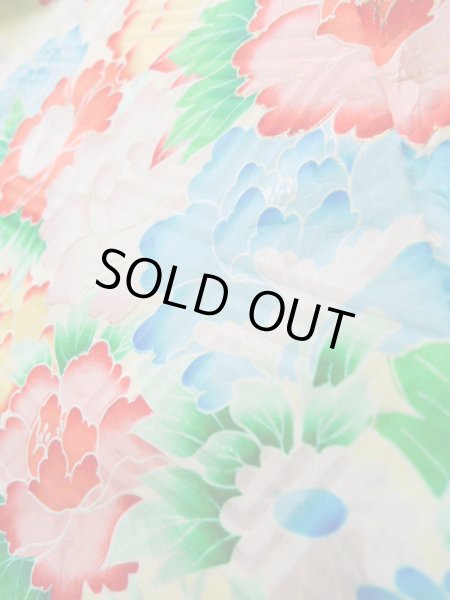Photo12: J1223M Used Japanese Pale Light Yellow FURISODE long-sleeved / Silk. Flower, narcissus pattern  (Grade B) (12)