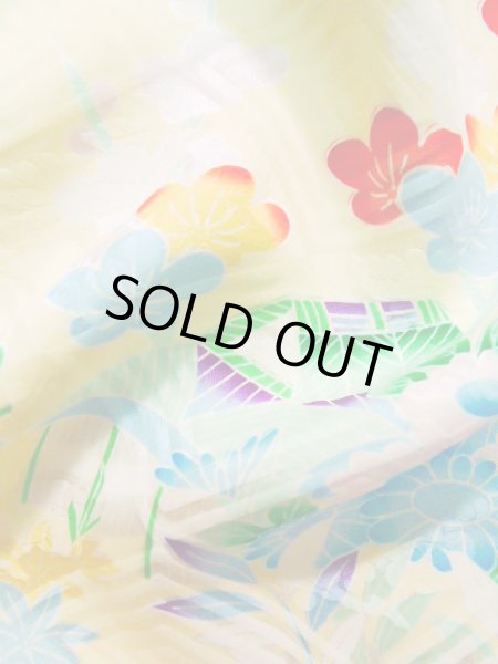 Photo17: J1223M Used Japanese Pale Light Yellow FURISODE long-sleeved / Silk. Flower, narcissus pattern  (Grade B) (17)