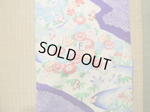 Photo25: J1223M Used Japanese Pale Light Yellow FURISODE long-sleeved / Silk. Flower, narcissus pattern  (Grade B) (25)
