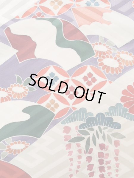 Photo6: J1223P Used Japanese   White FURISODE long-sleeved / Silk. Chrysanthemum, narcissus pattern  (Grade B) (6)