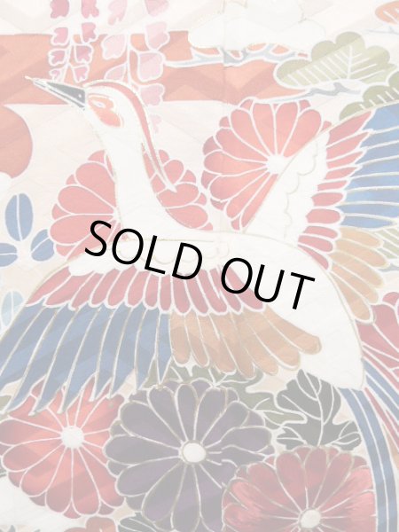 Photo10: J1223P Used Japanese   White FURISODE long-sleeved / Silk. Chrysanthemum, narcissus pattern  (Grade B) (10)