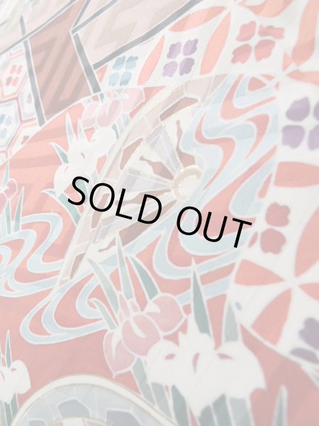 Photo12: J1223P Used Japanese   White FURISODE long-sleeved / Silk. Chrysanthemum, narcissus pattern  (Grade B) (12)