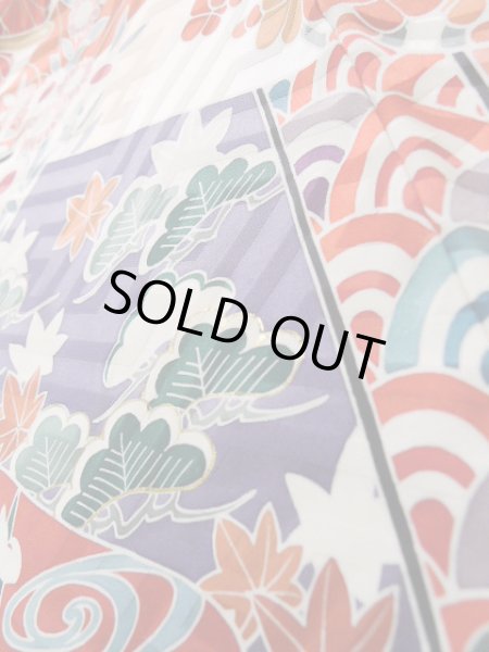 Photo14: J1223P Used Japanese   White FURISODE long-sleeved / Silk. Chrysanthemum, narcissus pattern  (Grade B) (14)