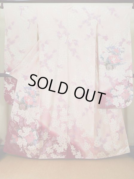 Photo1: Mint J1223R Used Japanese Pale Light Pink FURISODE long-sleeved / Silk. Flower, narcissus pattern, flower cart  (Grade A) (1)