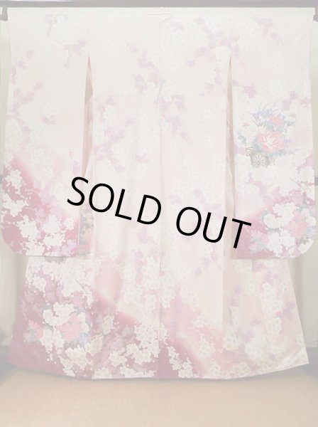 Photo2: Mint J1223R Used Japanese Pale Light Pink FURISODE long-sleeved / Silk. Flower, narcissus pattern, flower cart  (Grade A) (2)