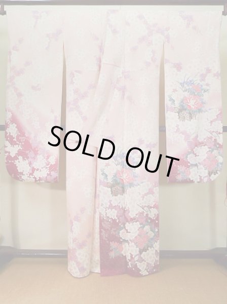 Photo3: Mint J1223R Used Japanese Pale Light Pink FURISODE long-sleeved / Silk. Flower, narcissus pattern, flower cart  (Grade A) (3)