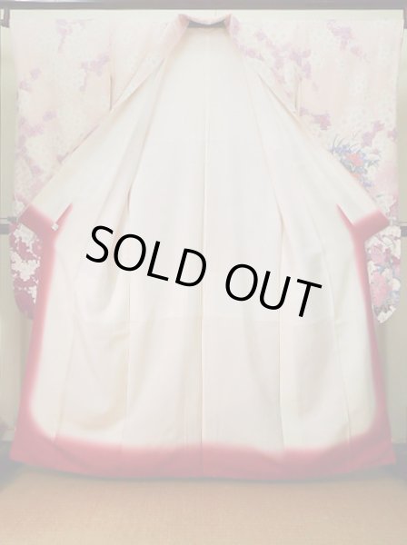 Photo4: Mint J1223R Used Japanese Pale Light Pink FURISODE long-sleeved / Silk. Flower, narcissus pattern, flower cart  (Grade A) (4)