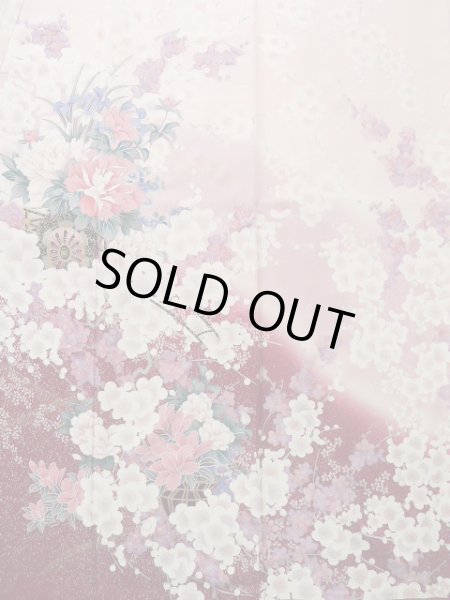 Photo5: Mint J1223R Used Japanese Pale Light Pink FURISODE long-sleeved / Silk. Flower, narcissus pattern, flower cart  (Grade A) (5)