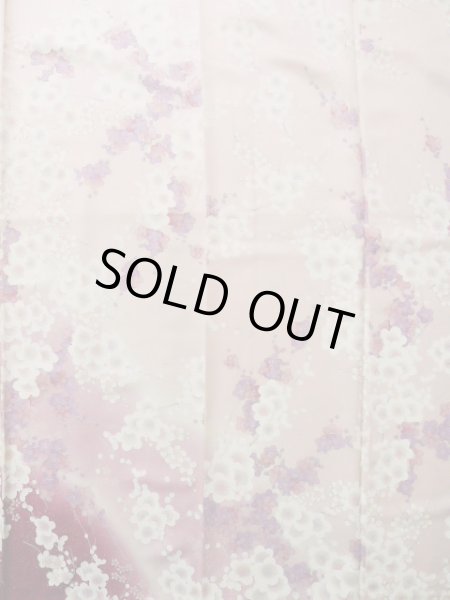 Photo6: Mint J1223R Used Japanese Pale Light Pink FURISODE long-sleeved / Silk. Flower, narcissus pattern, flower cart  (Grade A) (6)