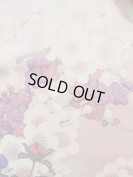 Photo7: Mint J1223R Used Japanese Pale Light Pink FURISODE long-sleeved / Silk. Flower, narcissus pattern, flower cart  (Grade A) (7)