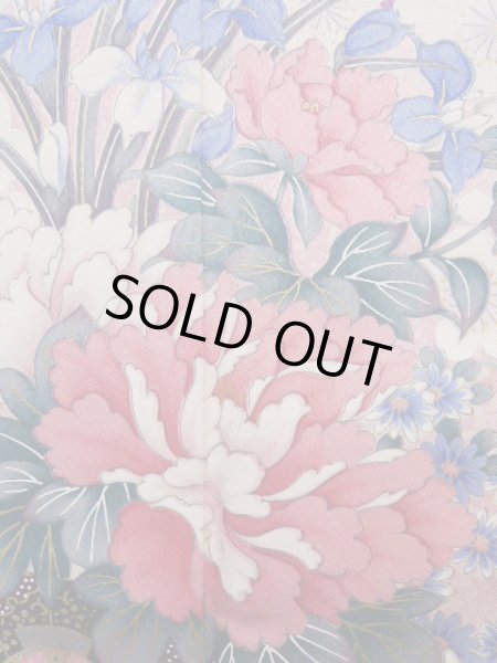 Photo8: Mint J1223R Used Japanese Pale Light Pink FURISODE long-sleeved / Silk. Flower, narcissus pattern, flower cart  (Grade A) (8)