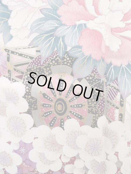 Photo10: Mint J1223R Used Japanese Pale Light Pink FURISODE long-sleeved / Silk. Flower, narcissus pattern, flower cart  (Grade A) (10)