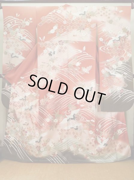 Photo1: J1225A Used Japanese Pale  Dark Red FURISODE long-sleeved / Silk. Chrysanthemum,   (Grade B) (1)