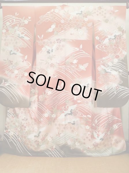 Photo2: J1225A Used Japanese Pale  Dark Red FURISODE long-sleeved / Silk. Chrysanthemum,   (Grade B) (2)