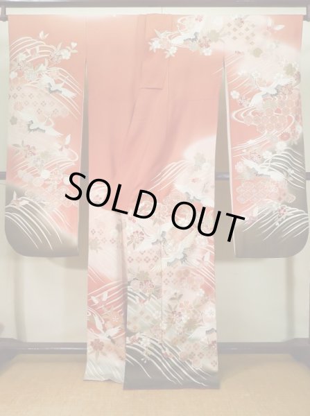 Photo3: J1225A Used Japanese Pale  Dark Red FURISODE long-sleeved / Silk. Chrysanthemum,   (Grade B) (3)