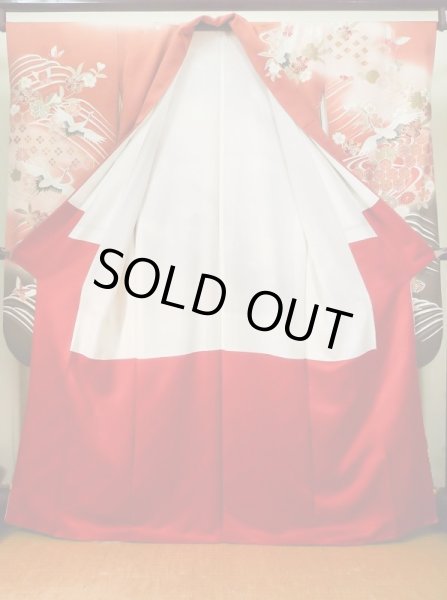 Photo4: J1225A Used Japanese Pale  Dark Red FURISODE long-sleeved / Silk. Chrysanthemum,   (Grade B) (4)