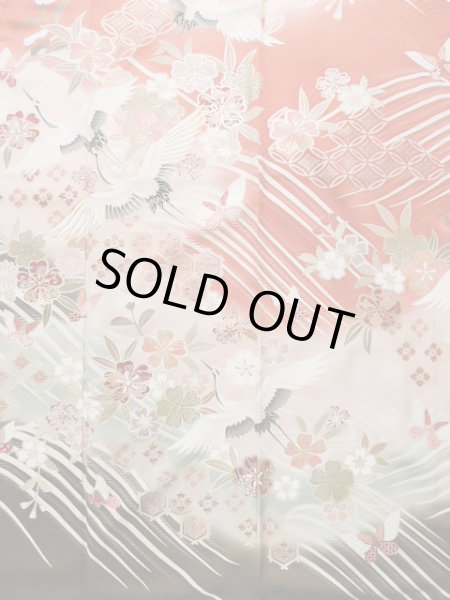 Photo5: J1225A Used Japanese Pale  Dark Red FURISODE long-sleeved / Silk. Chrysanthemum,   (Grade B) (5)
