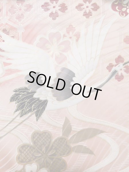 Photo7: J1225A Used Japanese Pale  Dark Red FURISODE long-sleeved / Silk. Chrysanthemum,   (Grade B) (7)