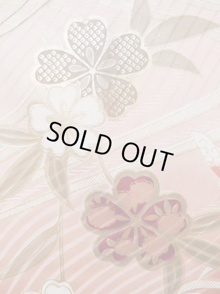 Photo8: J1225A Used Japanese Pale  Dark Red FURISODE long-sleeved / Silk. Chrysanthemum,   (Grade B) (8)