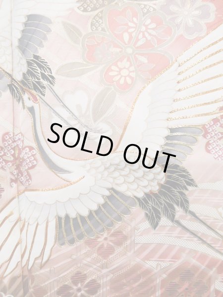 Photo10: J1225A Used Japanese Pale  Dark Red FURISODE long-sleeved / Silk. Chrysanthemum,   (Grade B) (10)