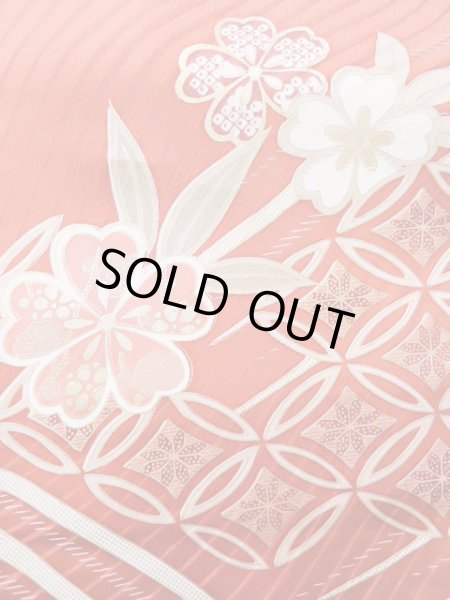 Photo11: J1225A Used Japanese Pale  Dark Red FURISODE long-sleeved / Silk. Chrysanthemum,   (Grade B) (11)
