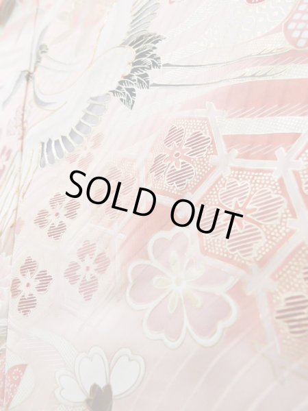 Photo12: J1225A Used Japanese Pale  Dark Red FURISODE long-sleeved / Silk. Chrysanthemum,   (Grade B) (12)