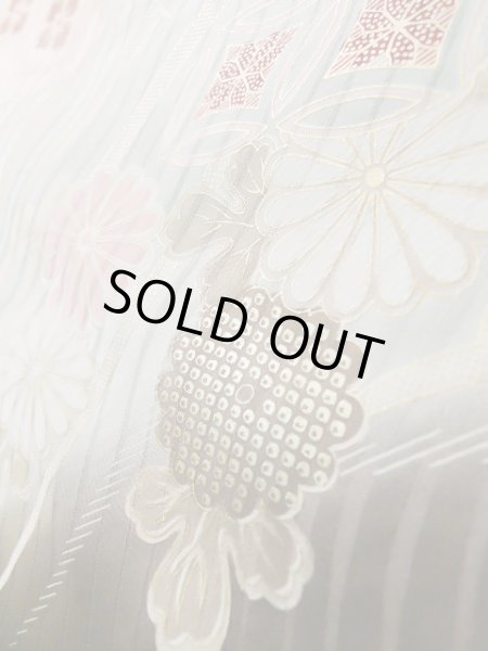 Photo15: J1225A Used Japanese Pale  Dark Red FURISODE long-sleeved / Silk. Chrysanthemum,   (Grade B) (15)