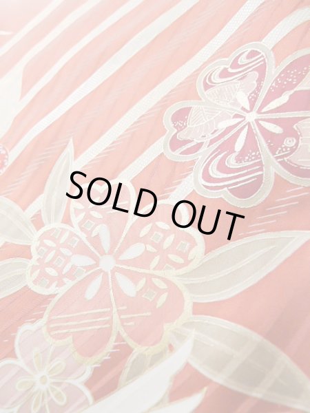 Photo16: J1225A Used Japanese Pale  Dark Red FURISODE long-sleeved / Silk. Chrysanthemum,   (Grade B) (16)