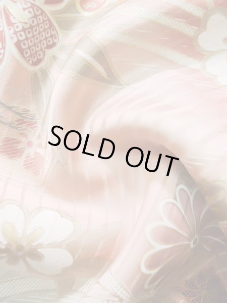 Photo17: J1225A Used Japanese Pale  Dark Red FURISODE long-sleeved / Silk. Chrysanthemum,   (Grade B) (17)