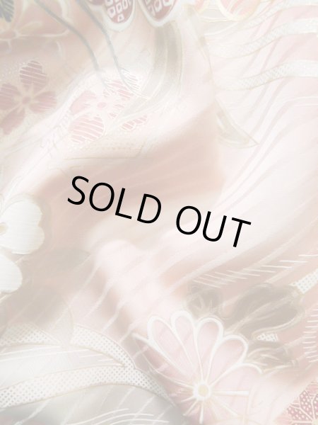 Photo18: J1225A Used Japanese Pale  Dark Red FURISODE long-sleeved / Silk. Chrysanthemum,   (Grade B) (18)
