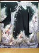 Photo1: J1225B Used Japanese   Black FURISODE long-sleeved / Silk. Leaf, rose pattern  (Grade B) (1)