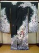 Photo3: J1225B Used Japanese   Black FURISODE long-sleeved / Silk. Leaf, rose pattern  (Grade B) (3)