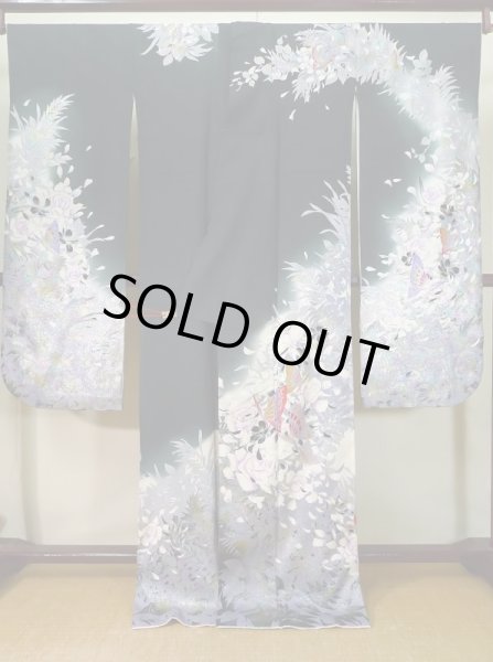 Photo3: J1225B Used Japanese   Black FURISODE long-sleeved / Silk. Leaf, rose pattern  (Grade B) (3)