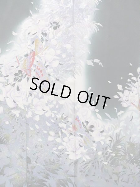 Photo5: J1225B Used Japanese   Black FURISODE long-sleeved / Silk. Leaf, rose pattern  (Grade B) (5)