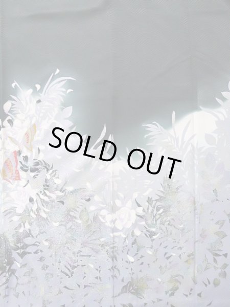 Photo6: J1225B Used Japanese   Black FURISODE long-sleeved / Silk. Leaf, rose pattern  (Grade B) (6)