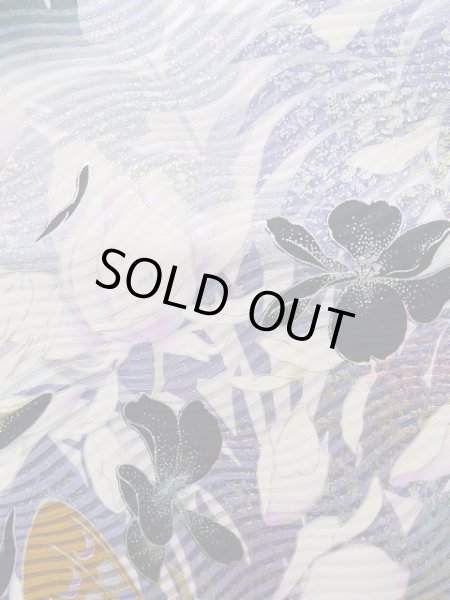 Photo9: J1225B Used Japanese   Black FURISODE long-sleeved / Silk. Leaf, rose pattern  (Grade B) (9)