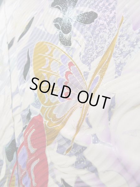 Photo11: J1225B Used Japanese   Black FURISODE long-sleeved / Silk. Leaf, rose pattern  (Grade B) (11)