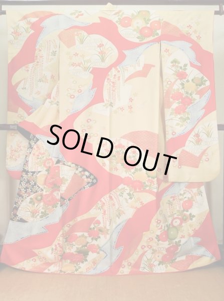 Photo1: J1225C Used Japanese Pale  Vermilion FURISODE long-sleeved / Silk. Flower,   (Grade A) (1)