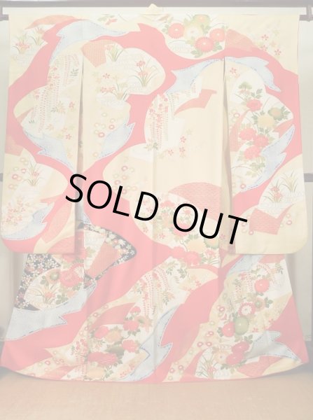 Photo2: J1225C Used Japanese Pale  Vermilion FURISODE long-sleeved / Silk. Flower,   (Grade A) (2)