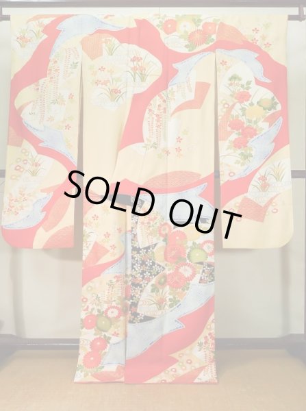 Photo3: J1225C Used Japanese Pale  Vermilion FURISODE long-sleeved / Silk. Flower,   (Grade A) (3)