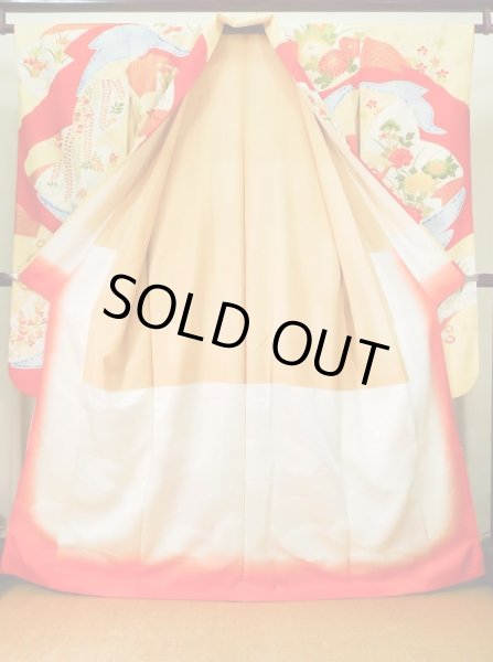 Photo4: J1225C Used Japanese Pale  Vermilion FURISODE long-sleeved / Silk. Flower,   (Grade A) (4)