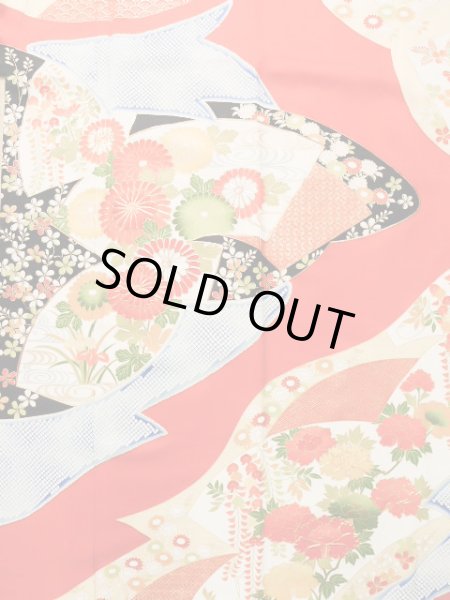 Photo5: J1225C Used Japanese Pale  Vermilion FURISODE long-sleeved / Silk. Flower,   (Grade A) (5)
