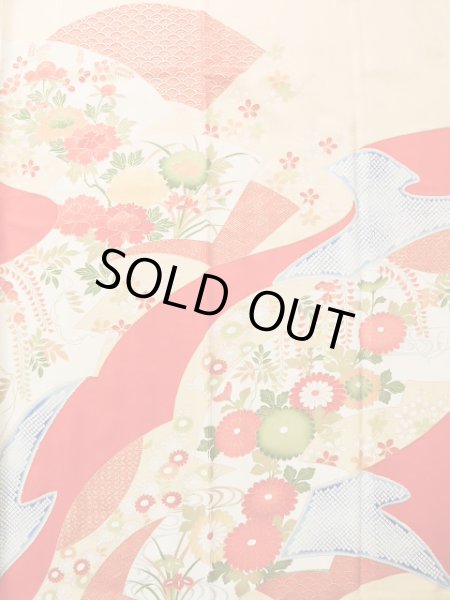 Photo6: J1225C Used Japanese Pale  Vermilion FURISODE long-sleeved / Silk. Flower,   (Grade A) (6)