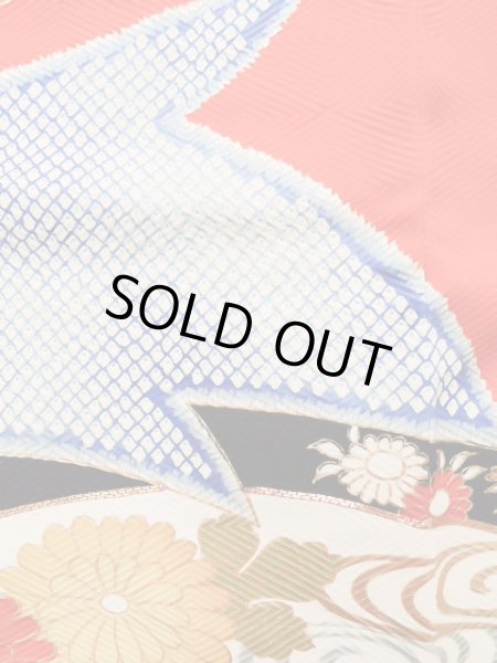 Photo7: J1225C Used Japanese Pale  Vermilion FURISODE long-sleeved / Silk. Flower,   (Grade A) (7)