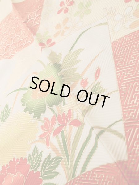 Photo14: J1225C Used Japanese Pale  Vermilion FURISODE long-sleeved / Silk. Flower,   (Grade A) (14)