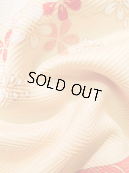 Photo17: J1225C Used Japanese Pale  Vermilion FURISODE long-sleeved / Silk. Flower,   (Grade A) (17)