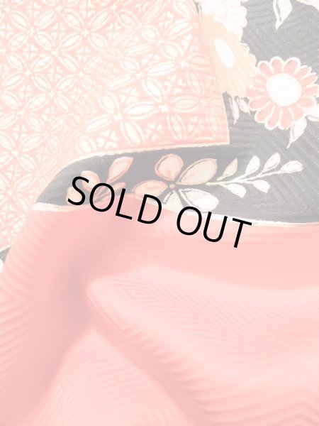 Photo18: J1225C Used Japanese Pale  Vermilion FURISODE long-sleeved / Silk. Flower,   (Grade A) (18)