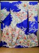 Photo1: J1225D Used Japanese Deep  Blue FURISODE long-sleeved / Synthetic. Peony,   (Grade A) (1)